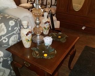 End table, table lamp, Annie glass, vases, and more.