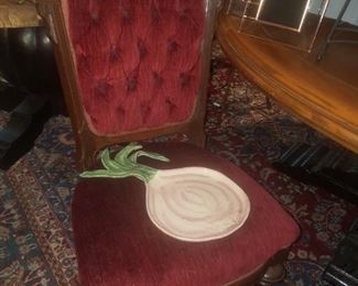 English antique chair. Vietri onion platter, and frames.