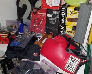 Sporting equipment including boxing gloves, P90X DVDs, Kujo DH mountain bike tires, 20 yard marker, and more.
