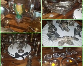 Majolica corn pitcher, silver plate pieces, Annie glass, collection of detailed napkin rings, milk glass cake plate, platters, & more.