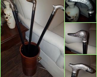 Leather umbrella stand (cane holder), walking canes (duck/fish)