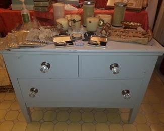 Painted wash stand, candles, and more.