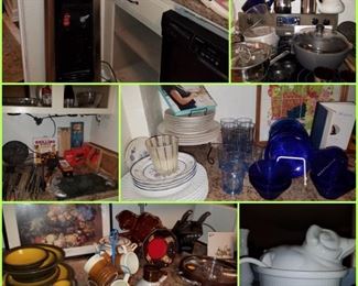 Dishes, water dispenser, pig covered soup tureen, large Dutch oven, grilling accessories, & more