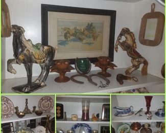 Miscellaneous collectibles including Mary Gregory vase, flow blue, bass candlestick, mercury glass vases, frames, antique horse figures, & more.