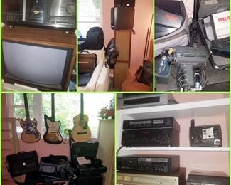 vintage sound/stereo equipment & video including RCA camcorders, Panasonic video camera, speakers including Sony surround sound, 200 disc CD disc changer, Yamaha sound equipment including cassette deck, phonograph, audio exchange center, and more. Kodak slide changer.