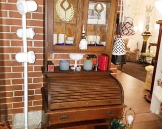 Antique cylinder roll top tiger oak desk