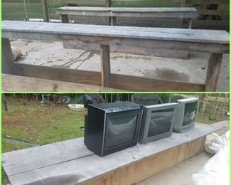 Barn wood buffets & long child's bench/table. Televisions.