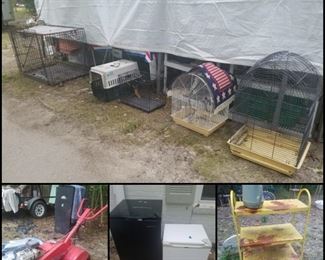 Animal crates, bird cages, mini refrigerators, retro yellow metal shelf, tiller, smoker, & more