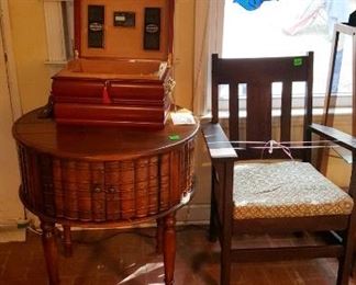 Antique Mission arm chair and library round book table.