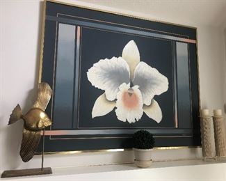 Huge floral multi media acrlyic gesso plaster piece with brass frame 