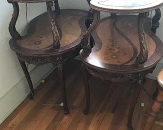 Now these are 2 2 tiered tables to own.  19th Century French with inlaid design and curved mirror tops. Beautiful.