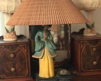 Look at this beautiful Asian lamp and shade.  Notice incense burner on side.  Notice also the two ceramic lamps - matching.