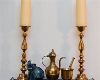 Brass Candlesticks , Ewer, Mortar & Pestle