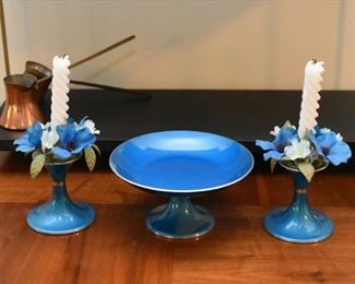 Blue Danish Candle Holders & Pedestal Dish 
