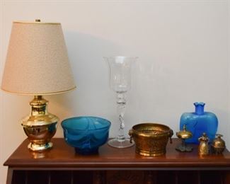 Brass Accent Lamp, Blue Glassware, Brass Items, Tall Candle Holder with Hurricane