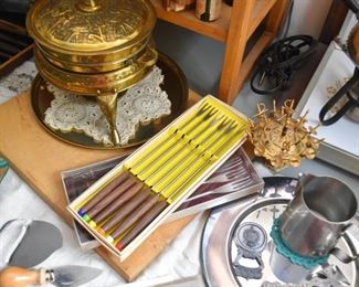 Fondue Forks, Cheese Utensils, Sword Appetizer Picks, Cutting Board, Brass Fondue Pot, Etc.