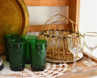 Green Glassware, Stemware, Brass Collapsible Basket