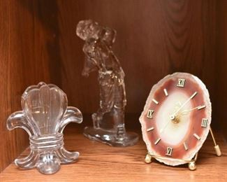 Glass Fleur-de-Lis Vase, Glass Golfer Figurine, Agate Slice Clock