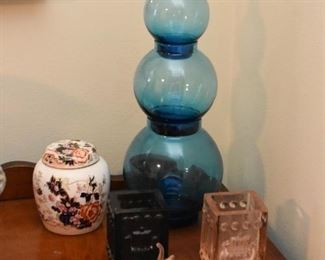 Vintage Blue Glass Bottle, Asian Ginger Jar, Candle Holders, Glass Elephant Miniatures