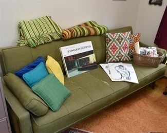 Vintage Green Sofa, Throw Pillows, Afghans
