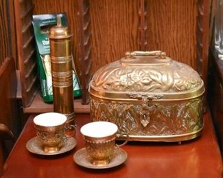 Brass Domed Box, Pepper Mill, Teacups