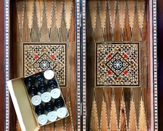 Wood mosaic backgammon board