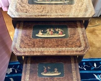 Set of Italian, inlaid and handpainted nesting tables
