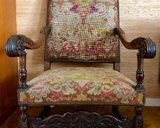 Antique European Chair, Lion Paw Feet, upholstered with tapestry.