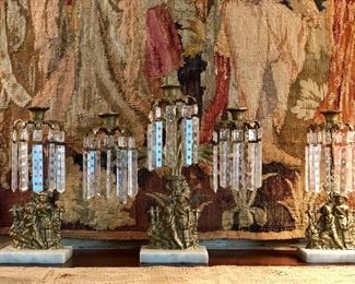 Antique 3 piece girandole candelabra set - bronze on marble base with prisms