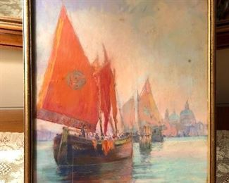 Original Pastel by Alvares Acores. (1868 - 1950)
He was active/lived in Massachusetts and is known for marine painting, fishing boats.