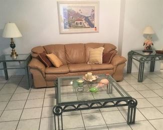 Leather sofa tan / coffee table with matching side tables iron.