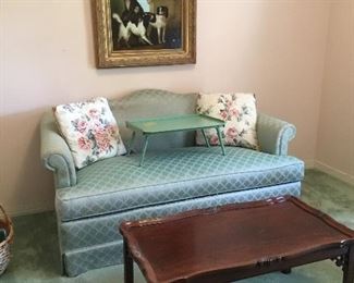 Loveseat , antique small coffee table, dog painting