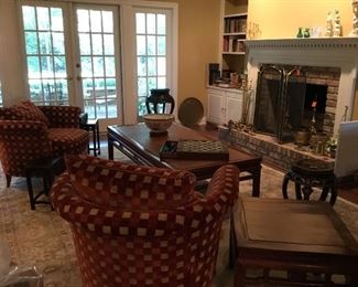 Pair of velvet chairs, Oushak style rug semi antique. Opium table used as a coffee table, side square oriental table,...