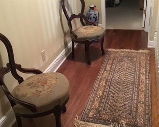 Pair of Victorian chairs with tapestry pillow , Persian small runner.