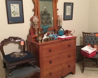 Small pine dresser with mirror, much smaller than average, very nice. Occasional chairs and side table.