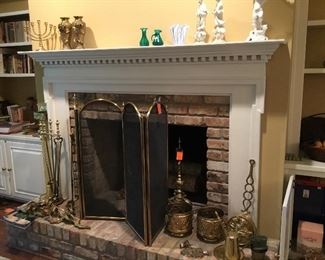 Lots of brass items, fire andirons and tools sold as a set, screen also available for purchase