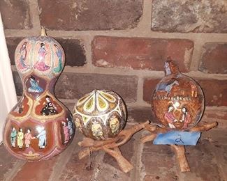 Group of three, Hand painted GORDS from India