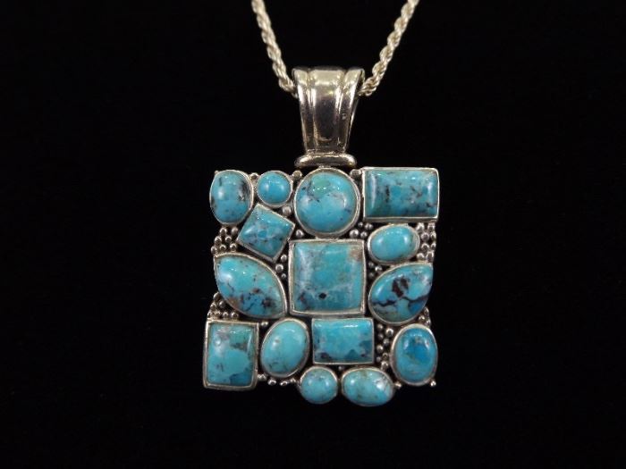 .925 Sterling Silver Turquoise Cluster Cabochon Pendant Necklace
