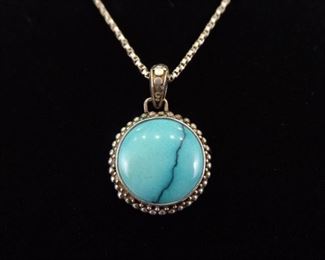 .925 Sterling Silver Inlayed Turquoise Howlite Cabochon Pendant Necklace
