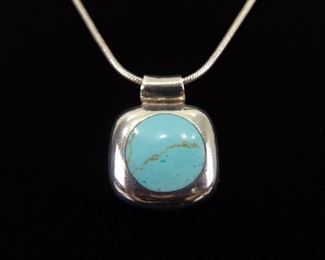 .925 Sterling Silver Inlayed Turquoise Howlite Cabochon Pendant Necklace
