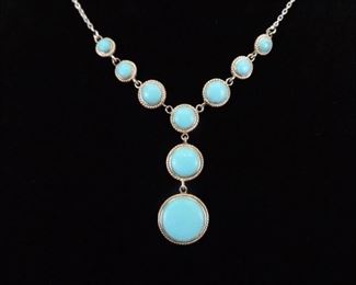 .925 Sterling Silver Inlayed Turquoise Enamel Cabochon Necklace

