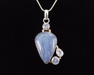 .925 Sterling Silver Blue Chalcedony Crystal Accented Pendant Necklace
