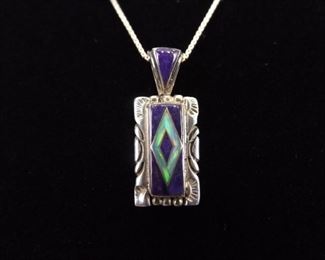 .925 Sterling Silver Inlayed Opal and Charoite Navajo Pendant Necklace
