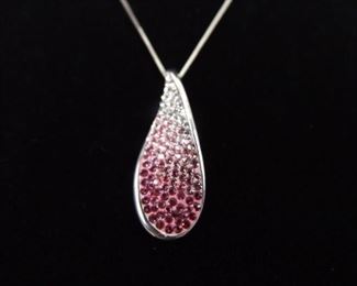 .925 Sterling Silver Pink Gradient Crystal Leaf Pendant Necklace
