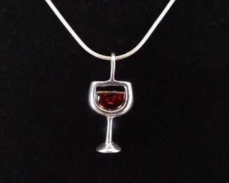 .925 Sterling Silver Garnet Crystal Wine Glass Pendant Necklace

