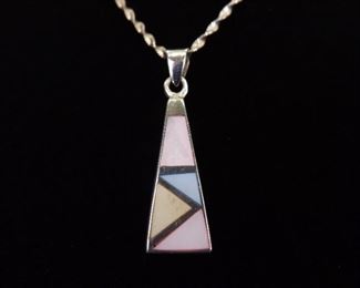 .925 Sterling Silver Inlayed Multi Colored Mother of Pearl Pendant Necklace
