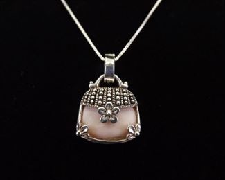 .925 Sterling Silver Art Nouveau Mother of Pearl Purse Pendant Necklace
