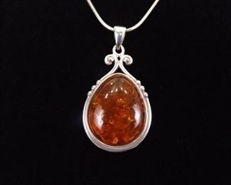 .925 Sterling Silver Amber Cabochon Pendant Necklace
