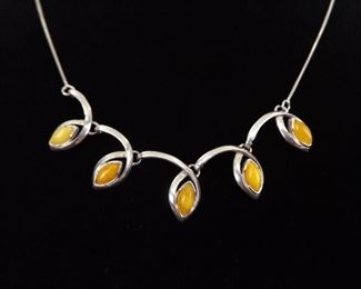 .925 Sterling Silver Egg Yolk Amber Cabochon Necklace
