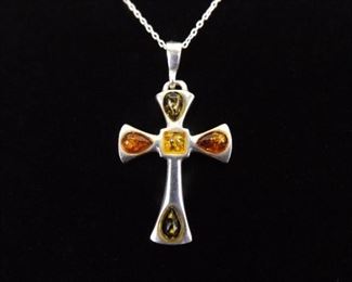 .925 Sterling Silver Amber Cross Pendant Necklace
